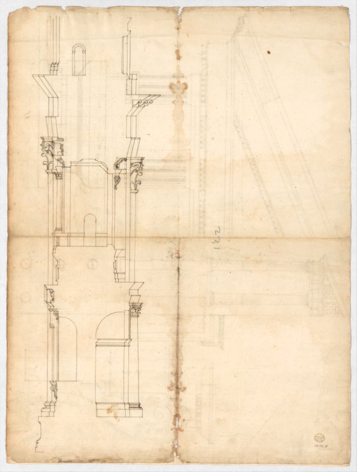 Temple of Hercules, Cori, plan, elevation; portal, details; Doric order, details (recto) St. Peter's, drum, section (verso) MET DP247317