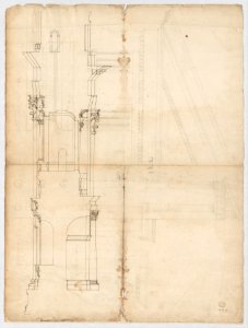 Temple of Hercules, Cori, plan, elevation; portal, details; Doric order, details (recto) St. Peter's, drum, section (verso) MET DP247317