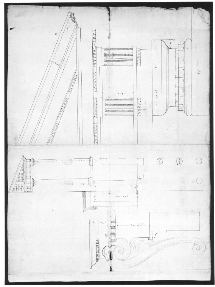 Temple of Hercules, Cori, plan, elevation; portal, details; Doric order, details (recto) St. Peter's, drum, section (verso) MET sf49 92 15r-MM31806