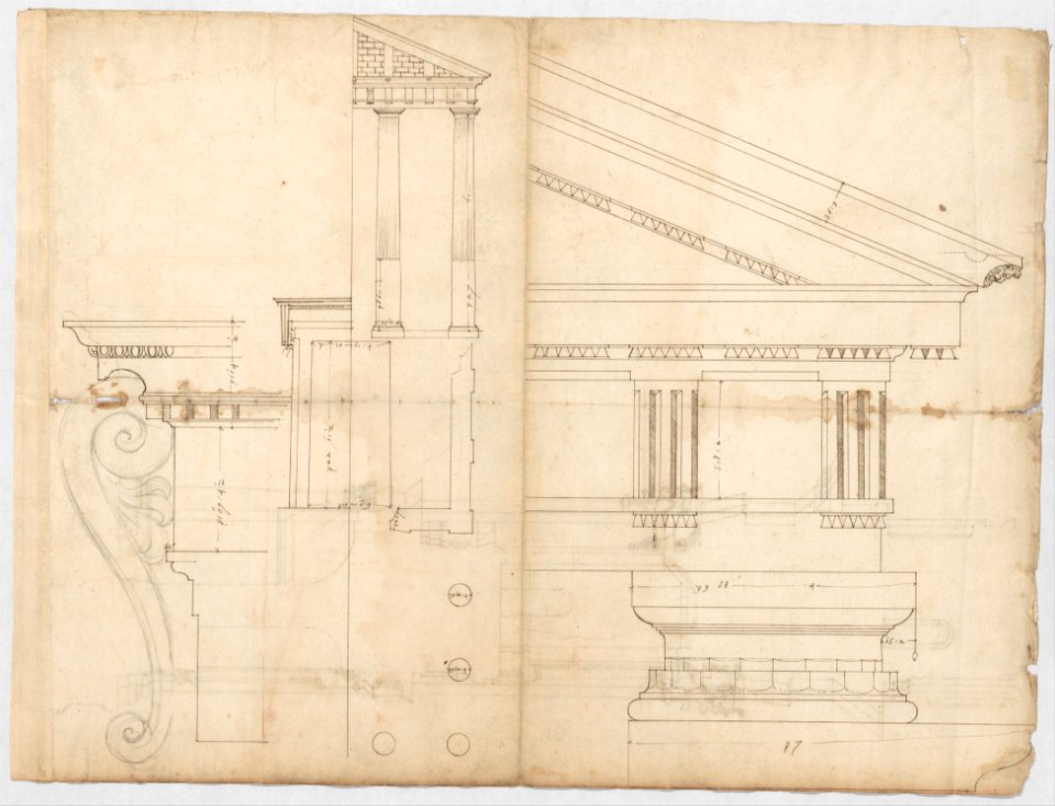 Temple of Hercules, Cori, plan, elevation; portal, details; Doric order, details (recto) St. Peter's, drum, section (verso) MET DP247316