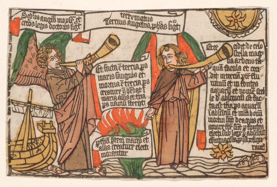 The Mountain and the Star Fall into the Sea, illustration from the Apocalypsis Sancti Johannis, block book, fourth edition, folio 11 MET DP873245