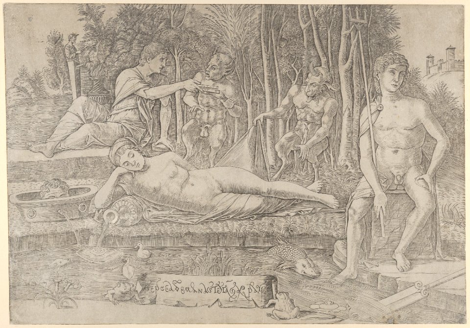 The metamorphosis of Amymone who lies in the centre leaning on her arm surrounded by Apollo at left, Neptune at right and two satyrs MET DP835199