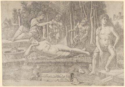 The metamorphosis of Amymone who lies in the centre leaning on her arm surrounded by Apollo at left, Neptune at right and two satyrs MET DP835199