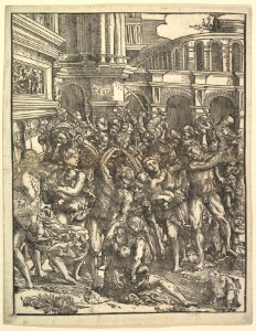 The Massacre of the Innocents (Right side) with group of male figures attacking women and children; classical buildings in the background MET DP819596