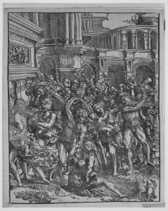 The Massacre of the Innocents (Right side) with group of male figures attacking women and children; classical buildings in the background MET MM8919