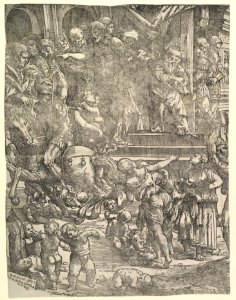 The Massacre of the Innocents (Left side), with man on horseback at center left, women and children below, group of figures standing on steps above, Herod seated on throne at upper right MET DP819595