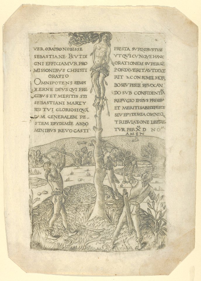 The martyrdom of Saint Sebastian, three archers below, an angel arrives bearing the crown of martyrdom, MET DP845549