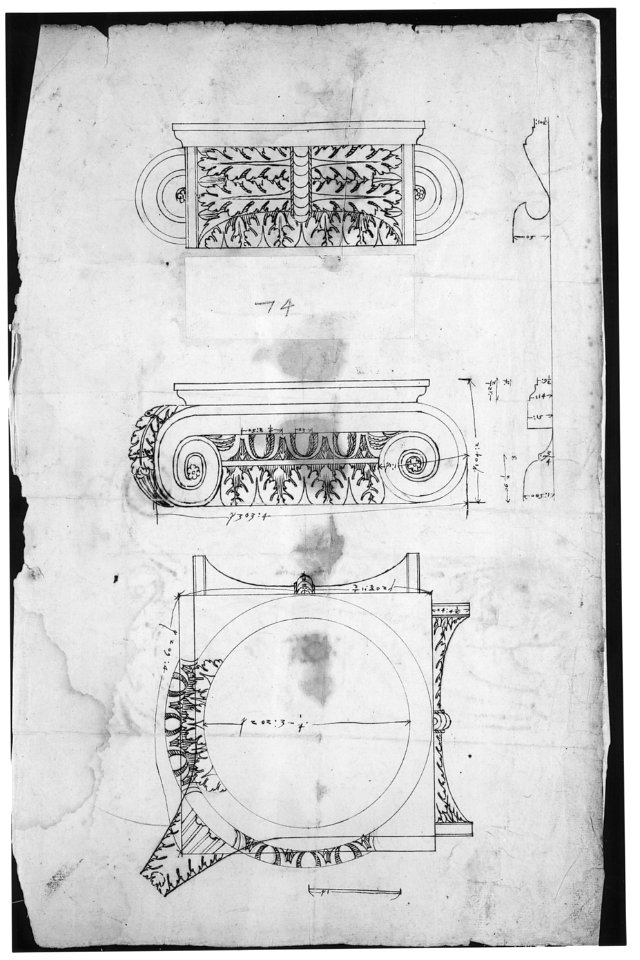 Temple of Portonus, capital, elevations and plan (recto) Unidentified, capital, elevation (verso) MET sf68 769 36r-MM43674