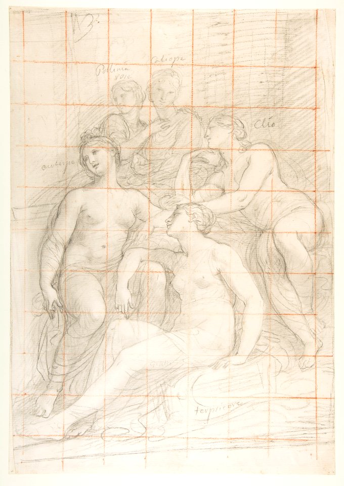The Muses Euterpe, Polyhymnia, Calliope, Clio, and Terpsichore (recto); Sketch of a Sleeping Child (verso) MET DP812334