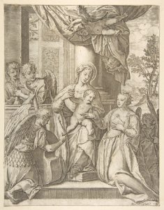 The mystic marriage of Saint Catherine who sits at center with the Christ child, angels with instruments at the left MET DP818686
