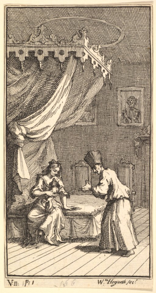The New Metamorphosis, Plate 5: Fantasio, Transformed into a Lapdog, in the with Donna Theresa, William Hogarth, 1724