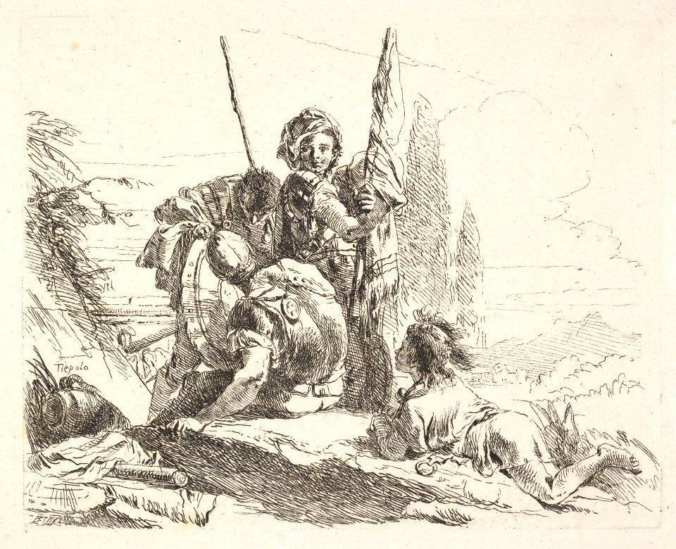 Three soldiers and a youth lying on his abdomen in a landscape, the soldiers bear armor and a flag, from the series 'The Capricci' MET DP832515