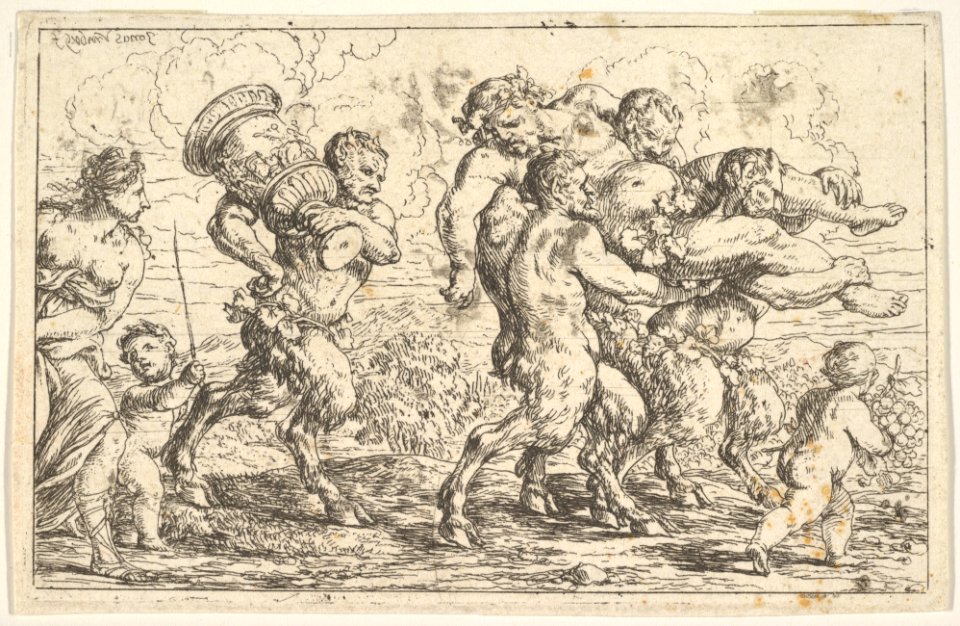 Three satyrs carrying the drunken Silenus, preceded by a putto carrying grapes; behind them a satyr carrying a large vessel, a putto, and a bare-breasted woman MET DP828585