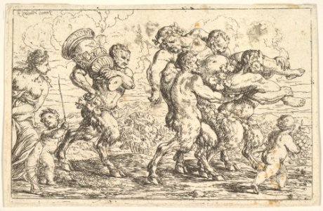 Three satyrs carrying the drunken Silenus, preceded by a putto carrying grapes; behind them a satyr carrying a large vessel, a putto, and a bare-breasted woman MET DP828585