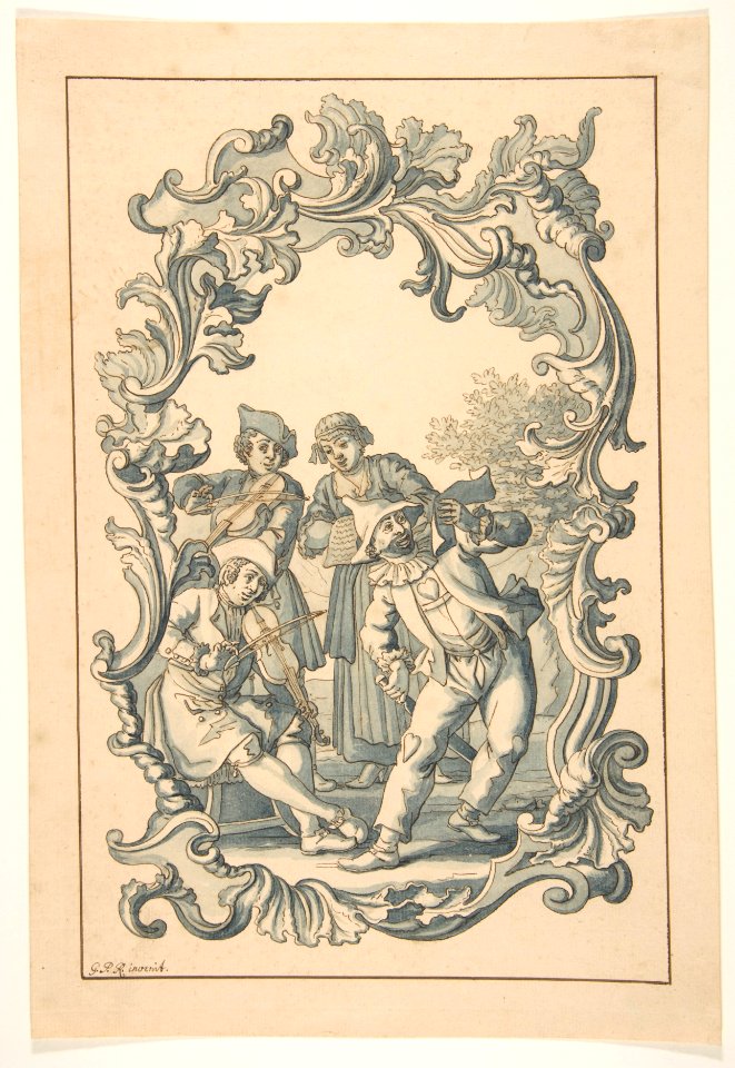 Three Musicians and Harlequin in an Ornamental Frame MET DP811601