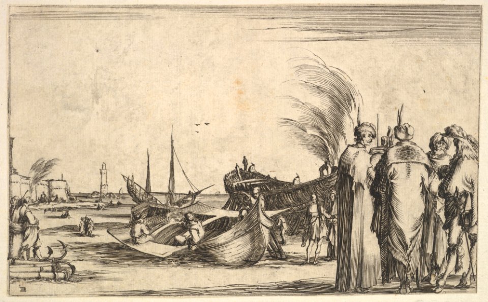 Three Turks and an Italian gentleman standing to right, men work on small boats in center, a fortress to left in the background, from 'Set of eight nautical landscapes' (Suite de huit Marines) MET DP829694
