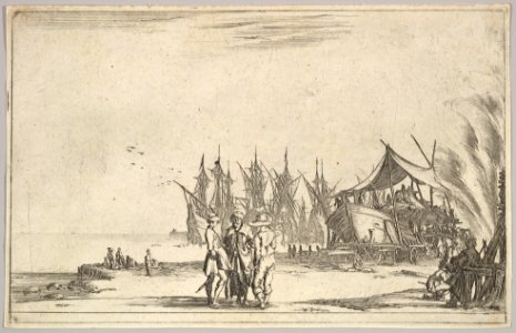 Three men wearing hats standing in center, men fixing a ship to right, five ships and various figures in center background, from 'Set of eight nautical landscapes' (Suite de huit Marines) MET DP829695