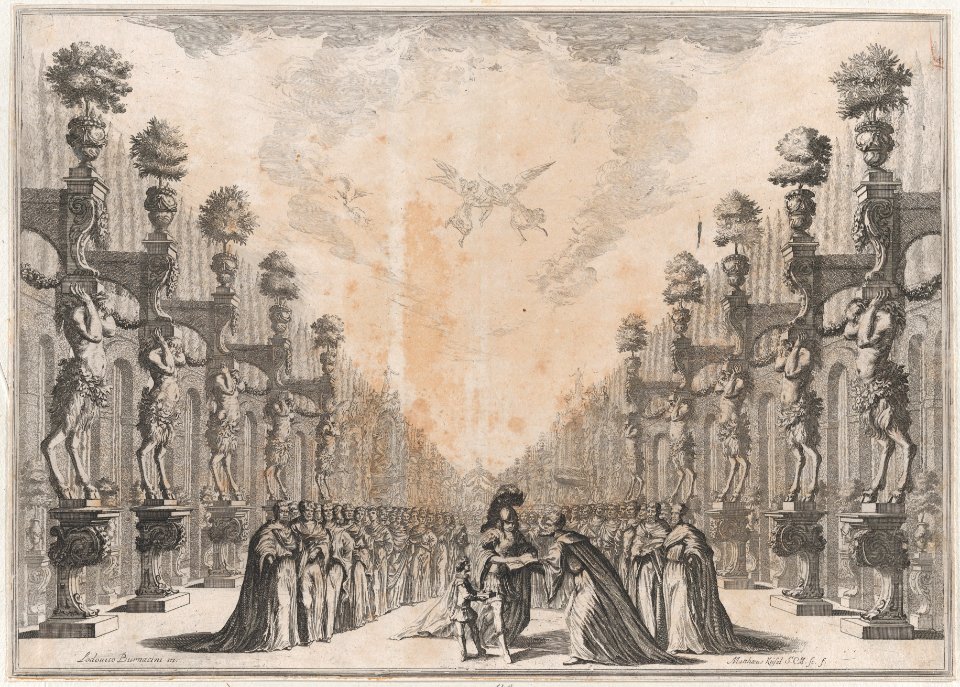 Three men at center, an old man who holding out an open book for a soldier to sign as a smaller man stands to the left holding ink; a large group of men surround them; set design from 'Il Fuoco Eterno' MET DP874715