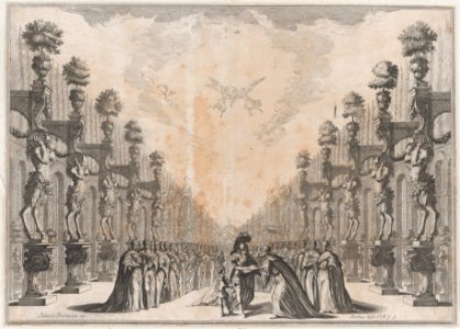 Three men at center, an old man who holding out an open book for a soldier to sign as a smaller man stands to the left holding ink; a large group of men surround them; set design from 'Il Fuoco Eterno' MET DP874715. Free illustration for personal and commercial use.