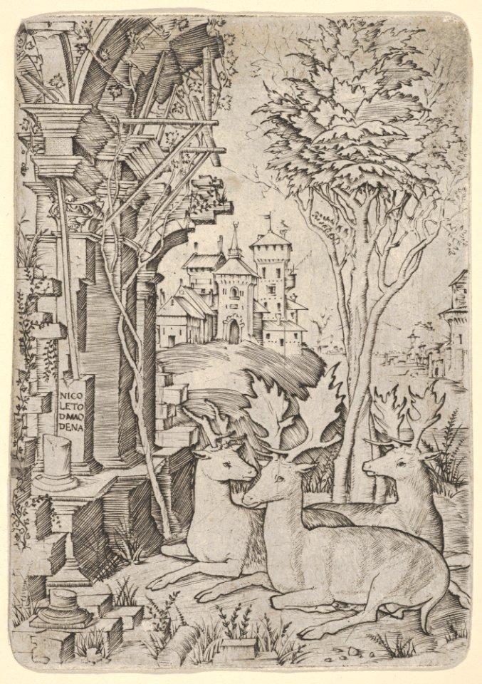 Three Stags, sitting in the ground, buildings in background MET DP832793