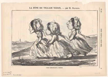 Three marriageable young ladies, from 'A celebration in the neighboring village,' published in Le Petit Journal pour Rire, June 24, 1865 MET DP877374