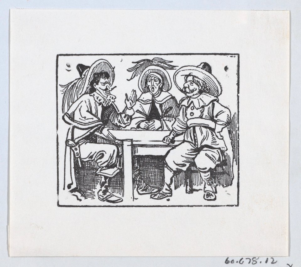 Three men wearing large hats and capes sitting at a table and talking MET DP869236-1