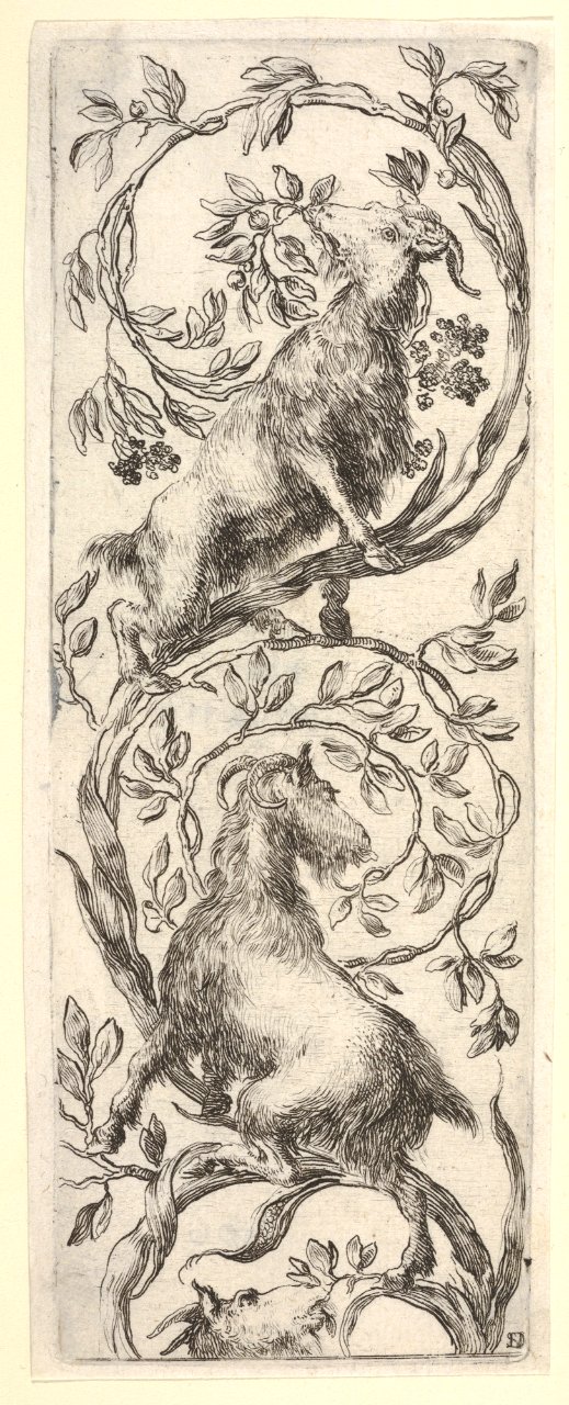 Three goats climbing a vine in the shape of a backwards 'S', from 'Ornaments or Grotesques' (Ornamenti o Grottesche) MET DP833536