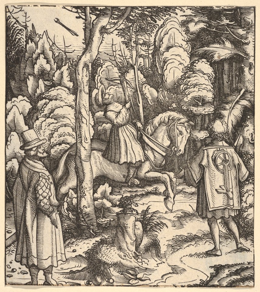 Theuerdarnk Nearly Shoots Himself with a Crossbow, from -Theuerdank- Die geuerlicheiten vnd einsteils der geschichten des loblichen streytparen vnd hochberümbten helds vnd Ritters herr Tewrdannckhs MET DP834078