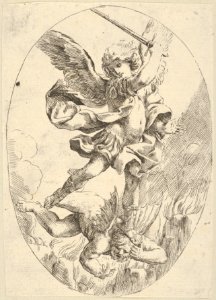 The winged archangel Saint Michael holding a sword and standing on the head of the devil, who descends into hell, an oval composition, after Reni MET DP837917