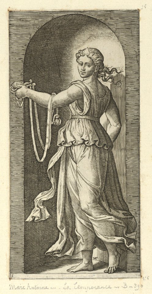 Temperance personfied by a woman standing in a niche holding a bit, from 'The Virtues' MET DP854378