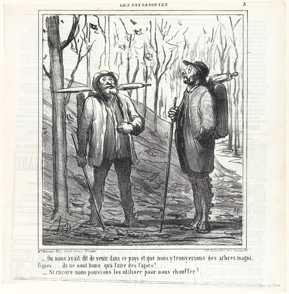 They told us to come to this region and we would find some magnificent trees, from 'The landscape painters,' published in Le Charivari, December 17, 1864 MET DP877193