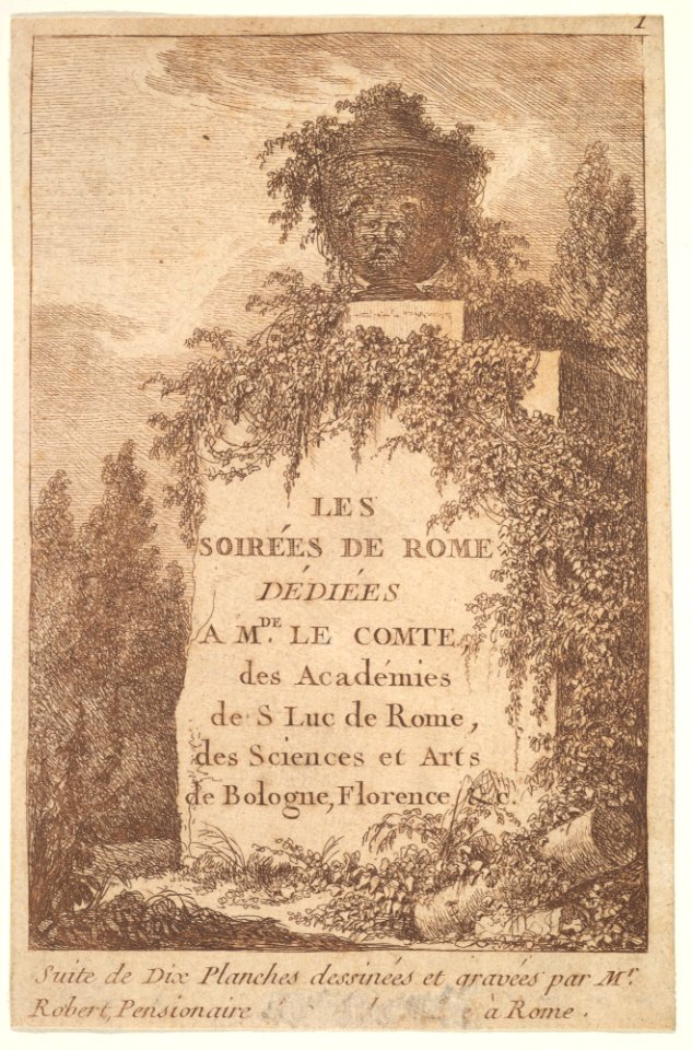 Title page- a wall in center surrounded by ruins and poplar trees, surmounted by a vase decorated with the head of a satyr, from 'Les soirées de Rome' MET DP829186