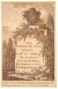 Title page- a wall in center surrounded by ruins and poplar trees, surmounted by a vase decorated with the head of a satyr, from 'Les soirées de Rome' MET DP829186