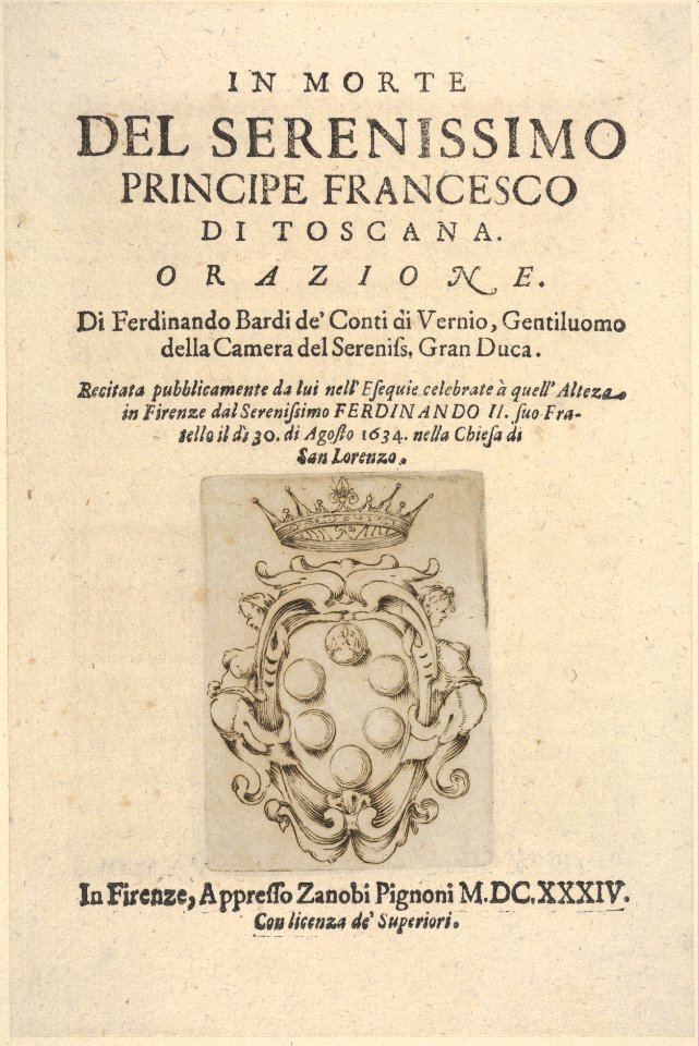 Title page 2- Medici coat of arms in bottom center, from "In Morte del Serenissimo Principe Francesco di Toscana, Orazione" MET DP833557