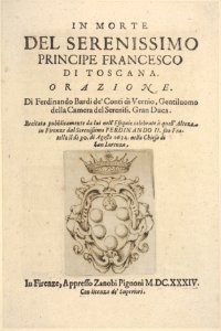 Title page 2- Medici coat of arms in bottom center, from "In Morte del Serenissimo Principe Francesco di Toscana, Orazione" MET DP833557
