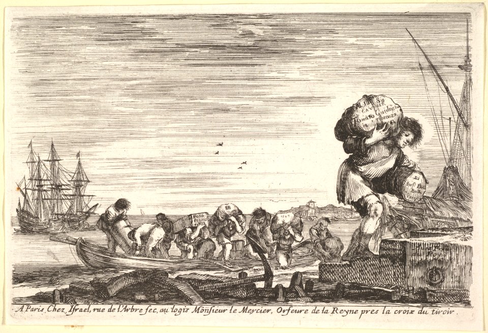 Title page- men carrying bags across a rowboat and onto shore in center, one man carrying two bags in right in the foreground, ships to left and right in the background, from 'Views of seaports' (Vues de ports de mar) MET DP828058