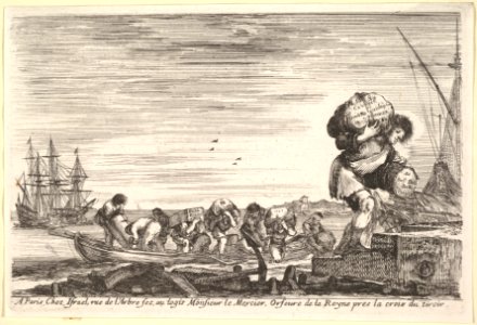 Title page- men carrying bags across a rowboat and onto shore in center, one man carrying two bags in right in the foreground, ships to left and right in the background, from 'Views of seaports' (Vues de ports de mar) MET DP828058