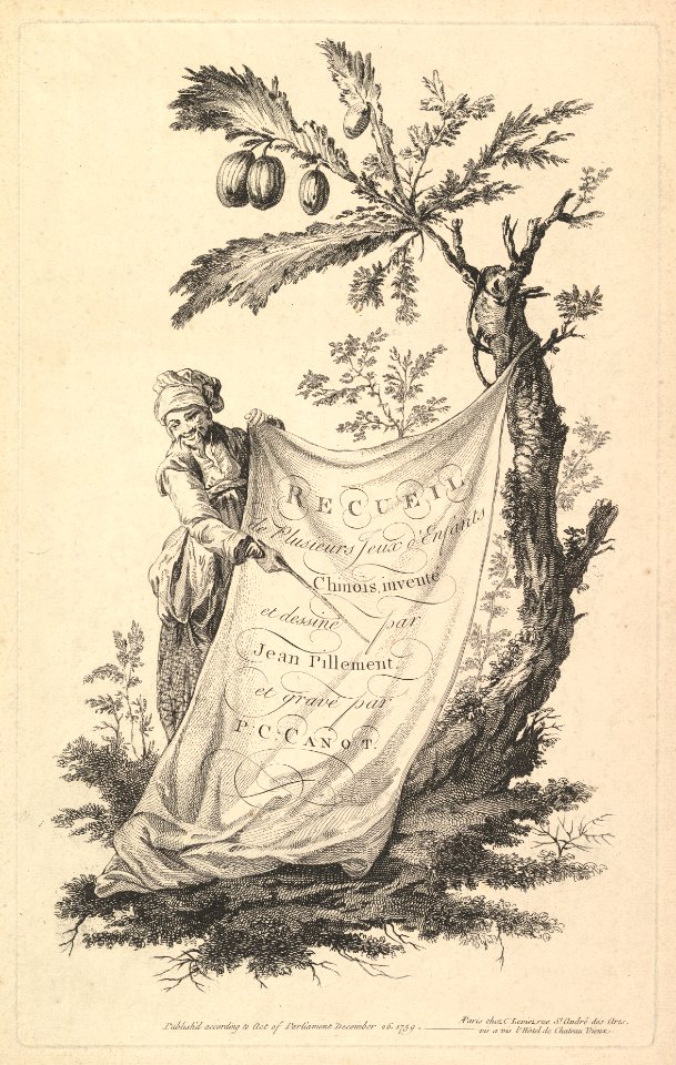 Title page- a smiling man holds a corner of a cloth tied to a fig tree and points with a stick to the cloth's inscription, from 'Recueil de plusieurs jeux d'enfants chinois' after Jean Pillement MET DP829045