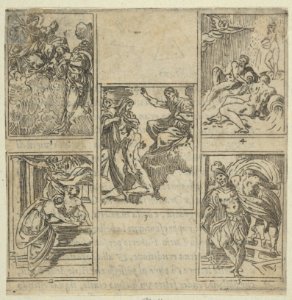 Title page to IL FUNERALE D'AGOSTIN CARRACCIO FATTO IN BOLOGNA SUA PATRIA DAGL'INCAMINATI Academici del Disegno; title inside a cartouche with a globe and stars at top and a grotesque mask at bottom MET DP839090