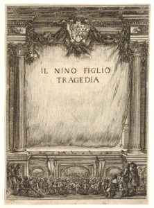 Title page for 'The Child Nino' (Il Nino Figlio), a stage with the curtain drawn, the coat of arms of the duke of Modena at top center, spectators below MET DP833547