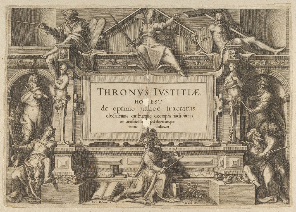 Title Page Set in an Architectural Frame with Allegorical figures and Christ, from Thronus Justitiae, tredecim pulcherrimus tabulis... MET DP836856