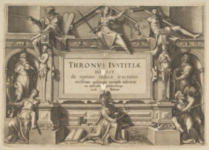 Title Page Set in an Architectural Frame with Allegorical figures and Christ, from Thronus Justitiae, tredecim pulcherrimus tabulis... MET DP836856