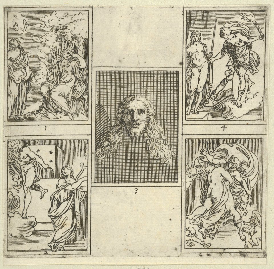 Title page to IL FUNERALE D'AGOSTIN CARRACCIO FATTO IN BOLOGNA SUA PATRIA DAGL'INCAMINATI Academici del Disegno; title inside a cartouche with a globe and stars at top and a grotesque mask at bottom MET DP839089