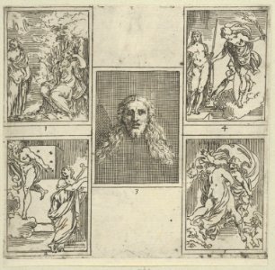 Title page to IL FUNERALE D'AGOSTIN CARRACCIO FATTO IN BOLOGNA SUA PATRIA DAGL'INCAMINATI Academici del Disegno; title inside a cartouche with a globe and stars at top and a grotesque mask at bottom MET DP839089
