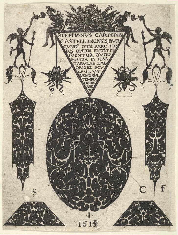 Title Plate with Blackwork Motifs, Trophies and Grotesques, from a Series of Blackwork Prints for Goldsmiths' Work MET DP837321