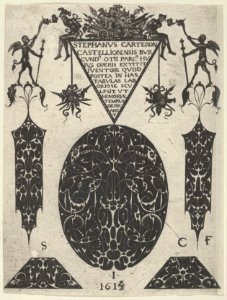 Title Plate with Blackwork Motifs, Trophies and Grotesques, from a Series of Blackwork Prints for Goldsmiths' Work MET DP837321