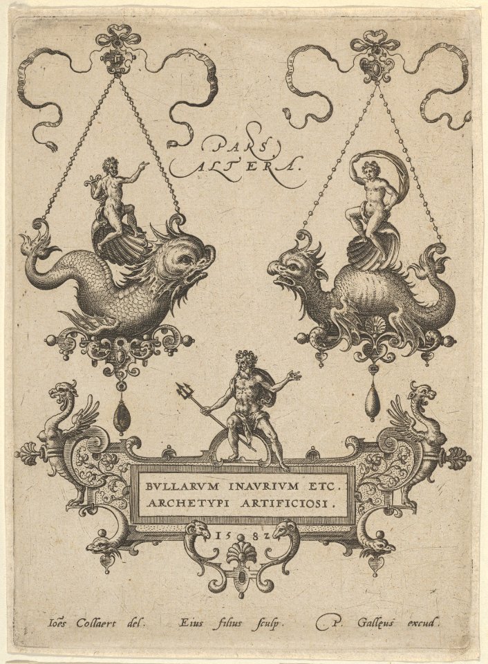 Title Plate with Two Pendant Designs Above and Neptune Standing on a Cartouche Below MET DP837438