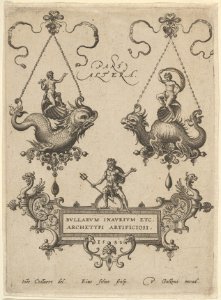 Title Plate with Two Pendant Designs Above and Neptune Standing on a Cartouche Below MET DP837438