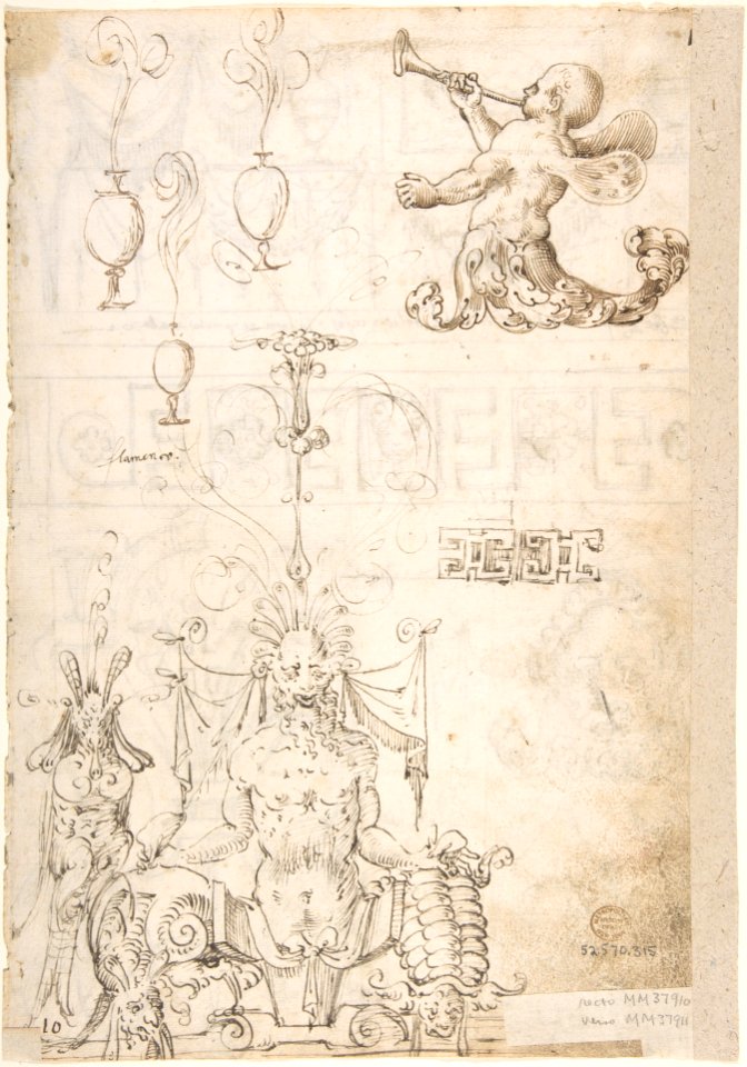 Three Bands Friezes with Grotesques and Several Figure Studies (recto); Term with a Marine Creature (Zephyr) (verso) MET DP800584
