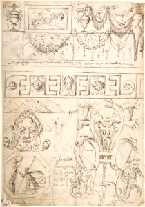 Three Bands Friezes with Grotesques and Several Figure Studies (recto); Term with a Marine Creature (Zephyr) (verso) MET DP800583